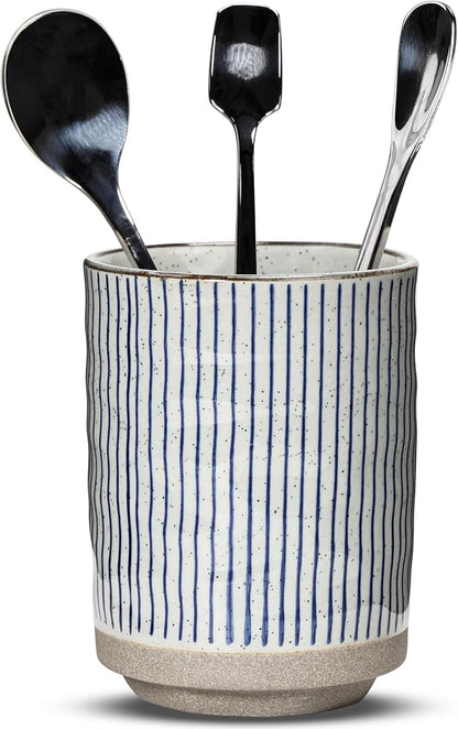 Ceramic Spoon Holder for Coffee Bar, Upright Tea Spoon Holder Cup, Coffee Stirrers Straws Stir Stick Holder, Blue Strips by U-TIMES
