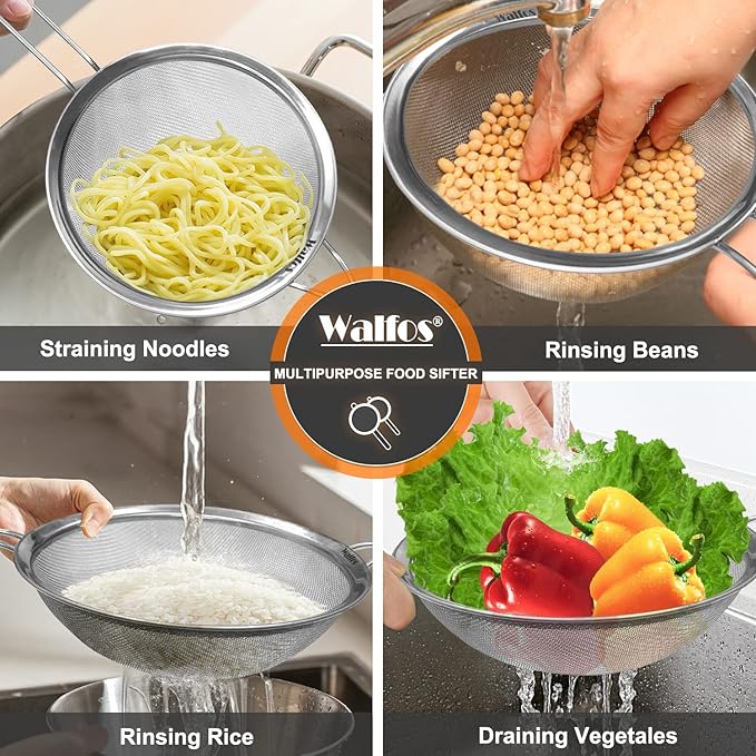 Walfos 8.6 Inch Large Fine Mesh Strainer, Kitchen Metal Food Strainers with Sturdy Handle, Stainless Steel 30 Mesh Sieve Sifters for Rice, Quinoa, Pasta, Fruits, Vegetables, etc. - Image 2