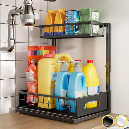 Under Sink Organizer, Cabinet Organizer for Kitchen, Height Adjustable Pull Out Heavy Duty 2 Tier Metal Under Sink Storage for Bathroom Pantry (Black, 1 Pack) - Image 9