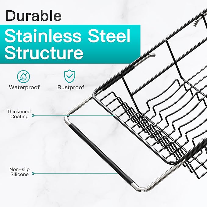 JASIWAY Dish Drying Rack in Sink, Expandable Stainless Steel Dish Drainers for Kitchen Counter, Space Saving Dish Dryer Rack with Drainboard, Over The Sink Dish Racks with Utensil Holder, Black - Image 5