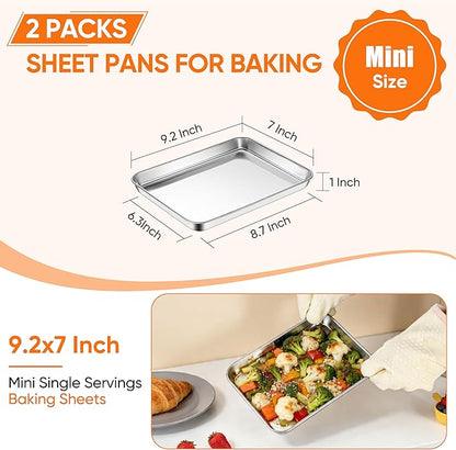 LIANYU Stainless Steel Tray for Baking, 9.2x7” Small Cookie Baking Sheet Pan, Metal Cooking Sheet Tray for Oven, Rust Free & Mirror Finish, Dishwasher Safe, 2 Pack - Image 2