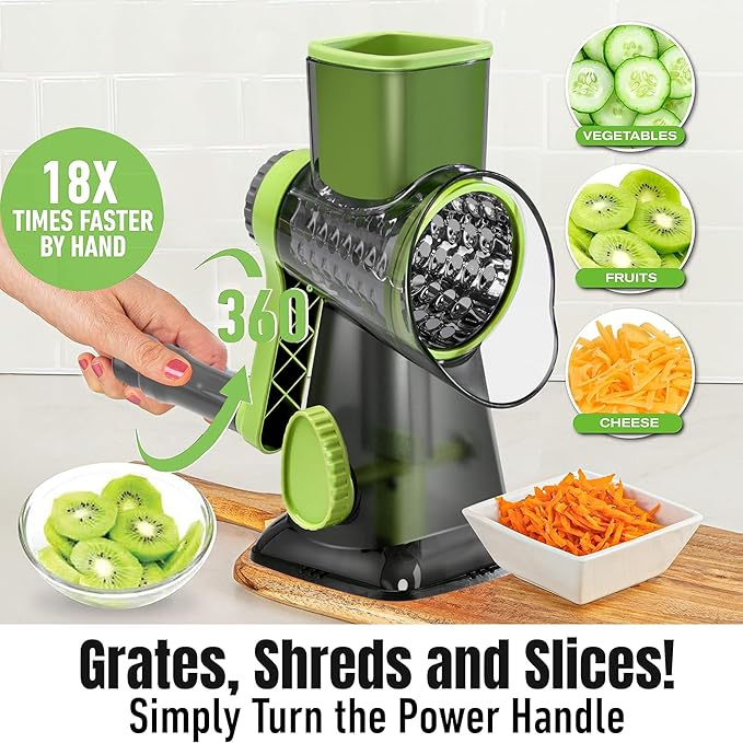 Quick Rotating Cheese Grater, Manual 3-in-1 Vegetable Chopper with Interchangeable Blades and Suction Cup Base (Green) - Image 4