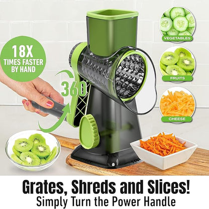 Quick Rotating Cheese Grater, Manual 3-in-1 Vegetable Chopper with Interchangeable Blades and Suction Cup Base (Green) - Image 4