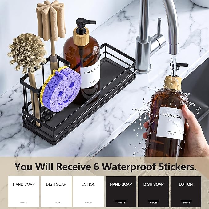 Moforoco Kitchen Dish Soap Dispenser Set, 16OZ Glass Bottle, Hand and Dish Soap Dispenser Set, Instant Dry Tray, Brush Holder with Smiley Face Sponge Holder (Black Tray+Amber Bottle+Labels) - Image 4