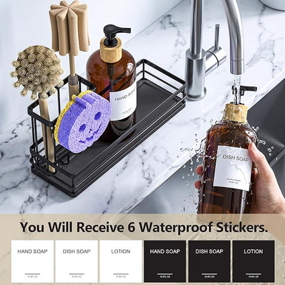 Moforoco Kitchen Dish Soap Dispenser Set, 16OZ Glass Bottle, Hand and Dish Soap Dispenser Set, Instant Dry Tray, Brush Holder with Smiley Face Sponge Holder (Black Tray+Amber Bottle+Labels) - Image 4