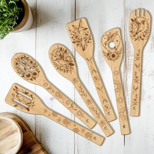 CUTHOLLOW 6PCS Hummingbird and Rose Wooden Kitchen Cooking Utensil Set, 11.9in Non Toxic Bamboo Wood Spoon Set for Cooking, Best Housewarming Birthday Thanksgiving Christmas Gift for Women Mother