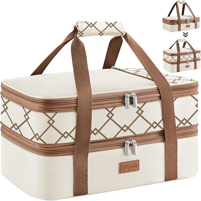 Lifewit Insulated Double Decker Casserole Carrier, Expandable Lasagna Lugger Tote Bag for Hot or Cold Food, Fits 9" x 13" Baking Dish for Potluck Parties, Picnic and Cookouts, Cream-Geometric