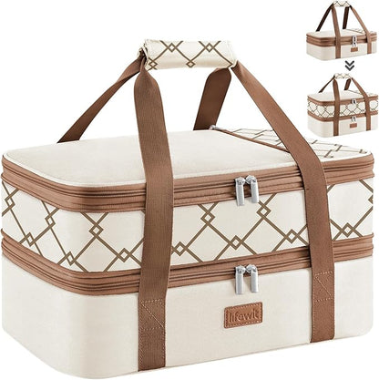 Lifewit Insulated Double Decker Casserole Carrier, Expandable Lasagna Lugger Tote Bag for Hot or Cold Food, Fits 9" x 13" Baking Dish for Potluck Parties, Picnic and Cookouts, Cream-Geometric