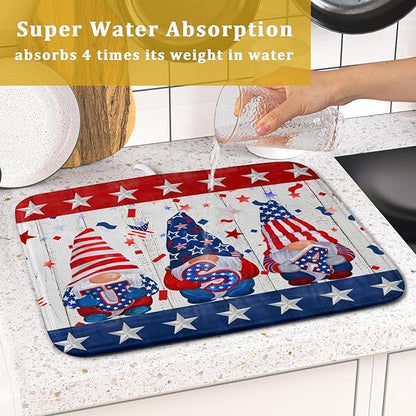Giwawa 4th of July Gnomes Dish Drying Mat 16x18 inch Patriotic Elf Usa Stars Dish Drainer Mats Independece Day Small Microfiber Dish Drying Pad for Kitchen Countertop Holiday Decor