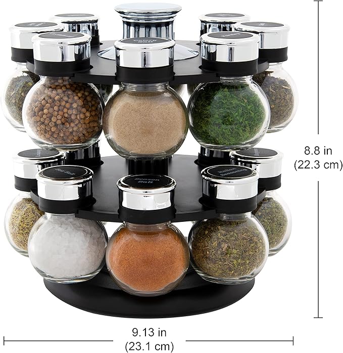 Kamenstein Ellington 16 Jar Revolving Spice Rack with Prefilled Spices - Rotating Chrome and Plastic Countertop Organizer with Sifter Caps and Labeled Lids - Image 4