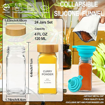 AISIPRIN Glass Spice Jars with 398 Labels, 24 pcs 4oz Spice Containers with Bamboo Lids, Square Spice Bottles With Shaker Lids,Spice Organization for Cabinet,Drawer,Rack,Seasoning Organizer - Image 2