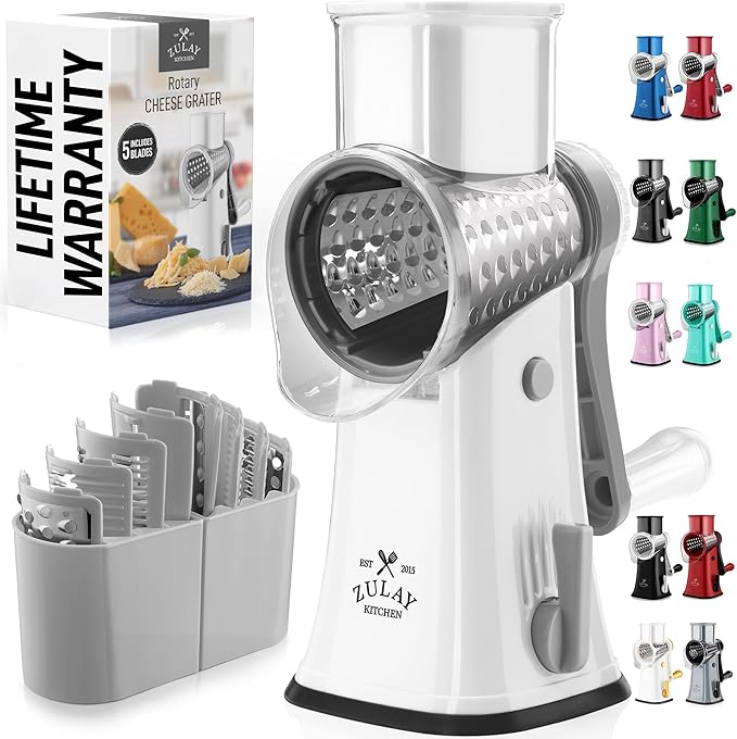 Zulay Kitchen Rotary Cheese Grater 5 Blade Cheese Shredder - Manual Hand Crank Cheese Grater With Reinforced Suction & 5 Interchangeable Drums - Easy to Use, Vegetable Chopper Round Mandoline Slicer by ZulayKitchen