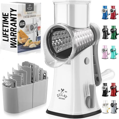 Zulay Kitchen Rotary Cheese Grater 5 Blade Cheese Shredder - Manual Hand Crank Cheese Grater With Reinforced Suction & 5 Interchangeable Drums - Easy to Use, Vegetable Chopper Round Mandoline Slicer by ZulayKitchen