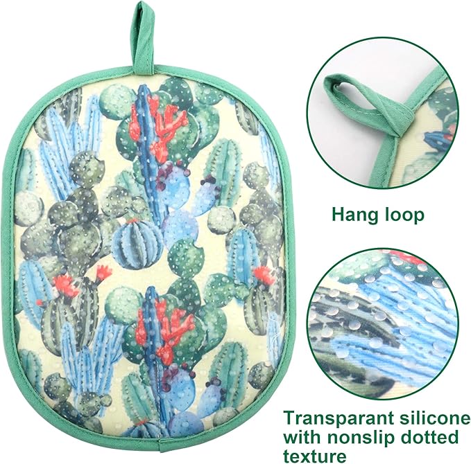 Pot Holders Set of 2 with Transparent Clear Silicone Shell and Nice Cactus Flower Cotton Lining, Heat Resistant to 500 F Kitchen Oven Gloves Pot Holder for Cooking (Cactus Flower, Potholders) - Image 3