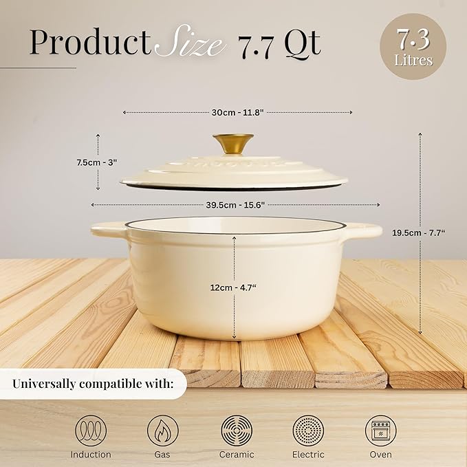 Nuovva Enamelled Cast Iron Dutch Oven Pot with Lid 7.3 Quart Non Stick Casserole Pot – Heavy Duty & Oven Safe up to 500° F for Bread Baking, Braising, Stews, Roasting – 30cm Cream - Image 2