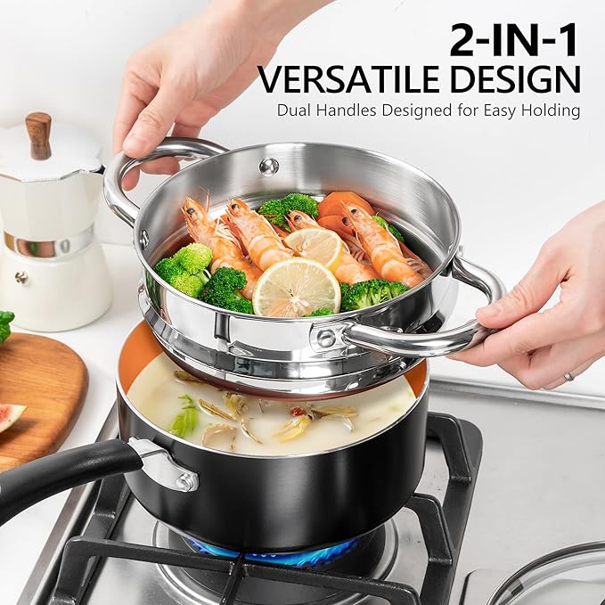 MICHELANGELO Nonstick Sauce Pan with Lid, 1QT & 2QT Ceramic Saucepan Set with Steamer, Small Copper Saucepans Set, Multipurpose Sauce Pots for Cooking, PFAS-FREE, Dishwasher Safe - Image 3