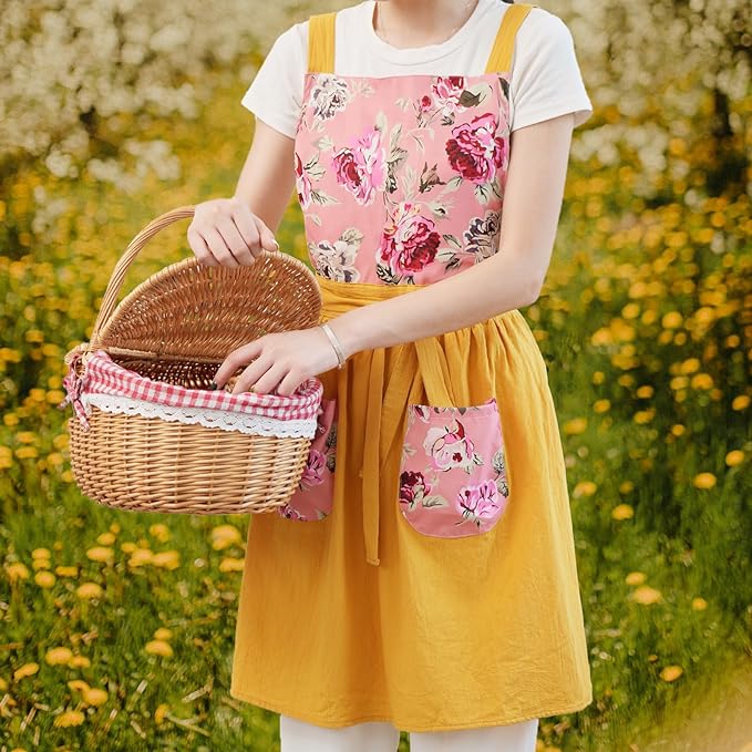 Pinknoke Vintage Pinafore Apron Dress for Women with Pockets Cute Floral Chef Aprons for Kitchen Cooking Baking Gardening - Image 2