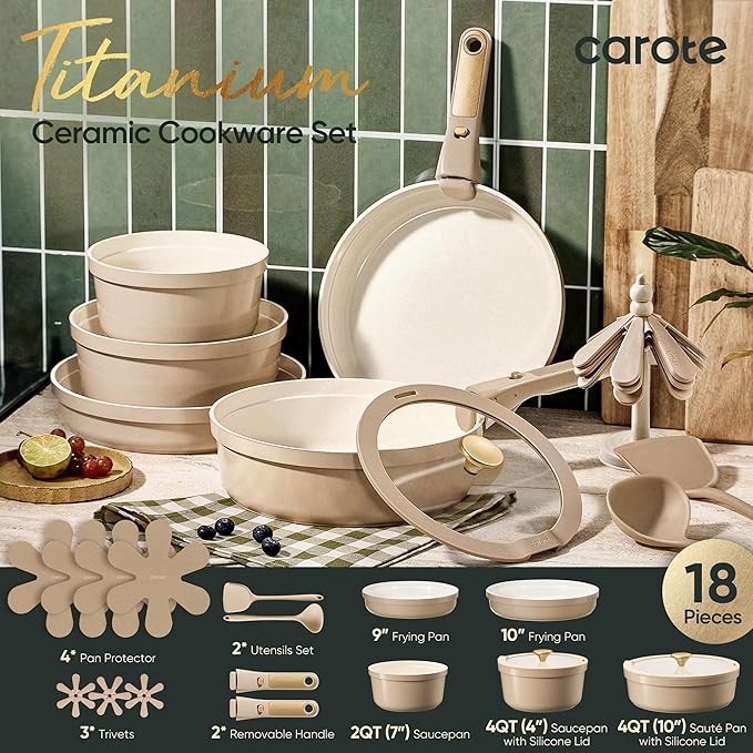 CAROTE 18 Pcs Ceramic Cookware Set Titanium Nonstick with Detachable Handles, Non Toxic Cookware, Pots and Pans Set Non Stick Removable Handles, Induction Available, Kitchen Cooking, Dishwasher Safe - Image 2