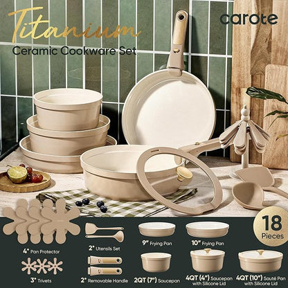 CAROTE 18 Pcs Ceramic Cookware Set Titanium Nonstick with Detachable Handles, Non Toxic Cookware, Pots and Pans Set Non Stick Removable Handles, Induction Available, Kitchen Cooking, Dishwasher Safe - Image 2