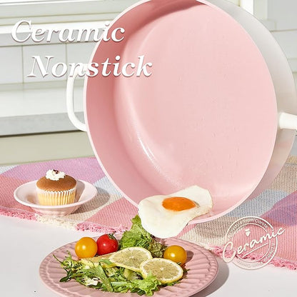 CAROTE 11 Inch Nonstick Deep Frying Pan with Lid, 5 Qt Chef Saute Pan with Pour Spout, Skillet Induction Cookware, Non Stick Cooking Pan Kitchen Pan, Healthy & PFOA/PFAS Free, Includes Spatula, Pink - Image 3