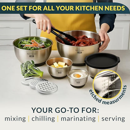 Baker's Signature Stainless Steel Mixing Bowls with Lids Set, 5 Sizes, 3 Graters, Non-Slip Base, Airtight Lids, Metal Mixing Bowls for Kitchen, Food Prep, Storage, 0.63QT-5QT, Black - Image 7