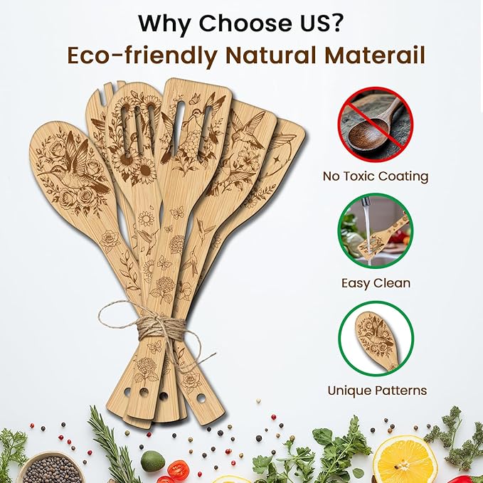 CUTHOLLOW 6PCS Hummingbird and Rose Wooden Kitchen Cooking Utensil Set, 11.9in Non Toxic Bamboo Wood Spoon Set for Cooking, Best Housewarming Birthday Thanksgiving Christmas Gift for Women Mother