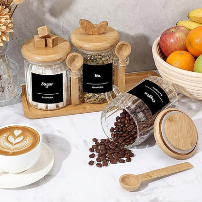 Suclain 3 Pcs Glass Coffee Container with Bamboo Color Lid & Spoon, 25, 20.3, 15 oz Airtight Glass Jar with Wooden Shelf, Food Storage Containers Coffee Jar Tea Container(Bamboo Color) - Image 5