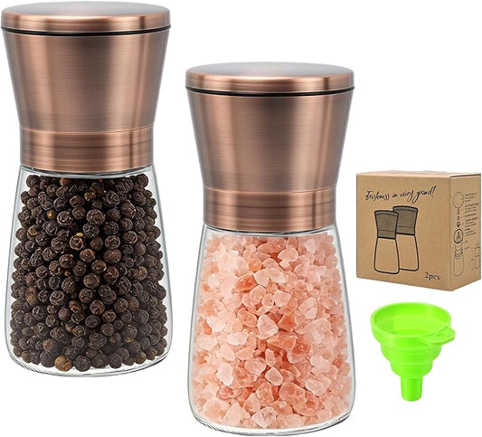 R DRURLCD Short Copper Salt and Pepper Grinder Set of 2, Manual Adjustable Coarseness with Ceramic Blades - Stainless Steel Refillable Mills, Bonus Silicone Funnel