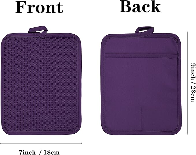 Oven Pot Holder with Pocket Cotton Heat Resistant Coaster Potholder Kitchen Hot Pad Oven Mitts for Cooking and Baking Square 7"x9" (Purple, Silicone) - Image 2