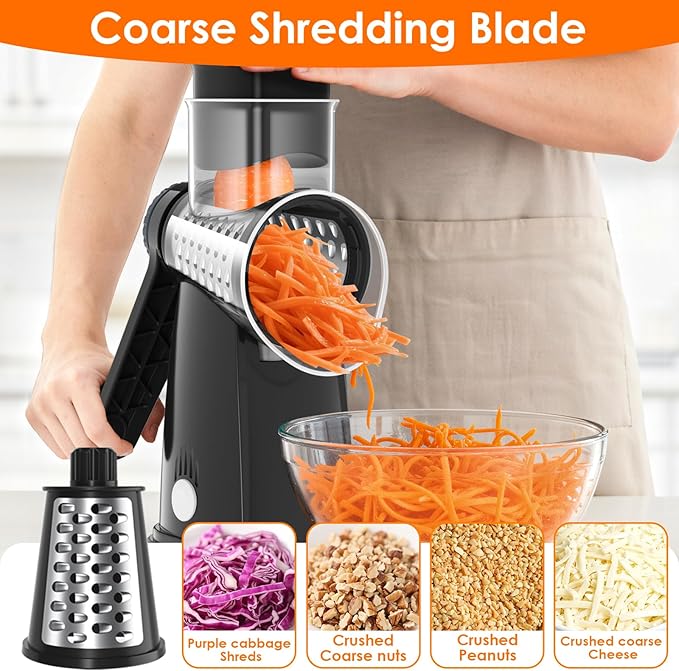 MealHelper 5 Blade Rotary Cheese Grater and Vegetable Chopper with Storage Box and Hand Crank, Compact Shredder for Cheeses, Veggies, Nuts - Easy to Use, Non-slip Suction Base,Black - Image 4