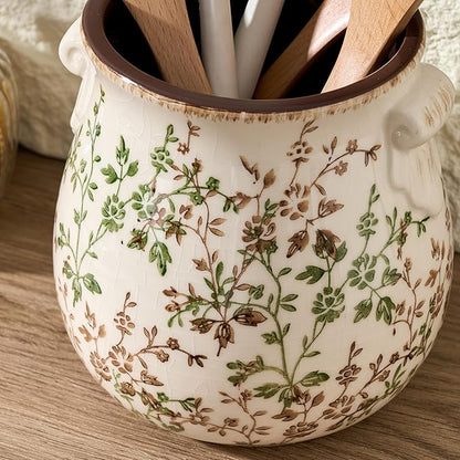 Utensil Holder for Kitchen Counter, Modern Farmhouse Rustic Cooking Utensil Holder and Crock, Exquisite Chinoiserie Floral Ceramic Utensil Organizer for Home Kitchen Decor- Green and Beige - Image 2