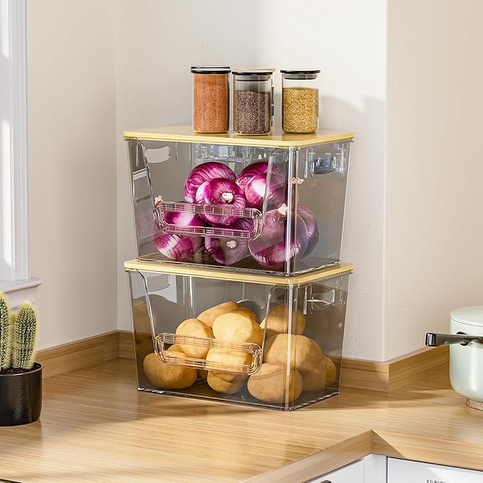 Delamu 2 Set Pantry Organizers and Storage,Trash Bag Dispenser with Bamboo Top,Stackable Trash Bag Dispenser Under Sink Organizer for 4-30 GalBags,Onion,Potato,Fruits,Gray(11.22" L*7" W*7.12" H) - Image 7