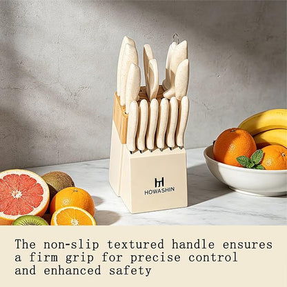 White Knife Set, Howashin 15 Pieces Kitchen Knife Set with Built in Knife Sharpener, High Carbon German Stainless Steel Knife Block Set, Dishwasher Safe Knives Set