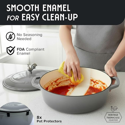 MUELLER HOME 5.5 Quart Enameled Cast Iron Oval Dutch Oven with Rooster Knob & Cotton Potholders, Heavy-Duty Cookware, Oven-Safe up to 500° F & Across All Cooktops, Gifts for Grandma & Women, Gray - Image 7