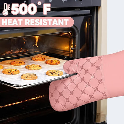 Oven Mitts Kitchen Towels Dishcloths with Pot Holders Sets 12PCS, Dish Towels Sets, Oven Gloves Pot Pads Heat Resistant 500 Degrees with Non-Slip Silicone Surface for Cooking Baking Grilling-Pink - Image 5