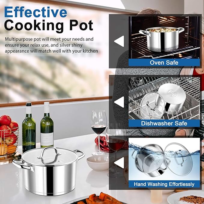 P&P CHEF 4 Quarts Cooking Stock Pot with Lid, Stainless Steel Stockpot Induction Pot for Soup, Tri-Ply Bottom & Clear Glass Lid & Double Handle, Dishwasher Safe - Image 7
