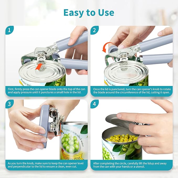 Ultrean Manual Can Opener Bottle Opener, Heavy Duty Stainless Steel Smooth Edge Manual Hand Held Can Opener With Soft Touch Handle, Rust Proof Oversized Handheld Easy Turn Knob (Blue) - Image 4