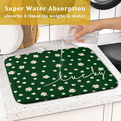 Giwawa St Patricks Day Dish Drying Mat Green Lucky Clovers Dish Drainer Mats 16"x18" Shamrock Holiday Microfiber Reversible Dish Drying Rack Pad Protector for Kitchen Countertop Small Decor