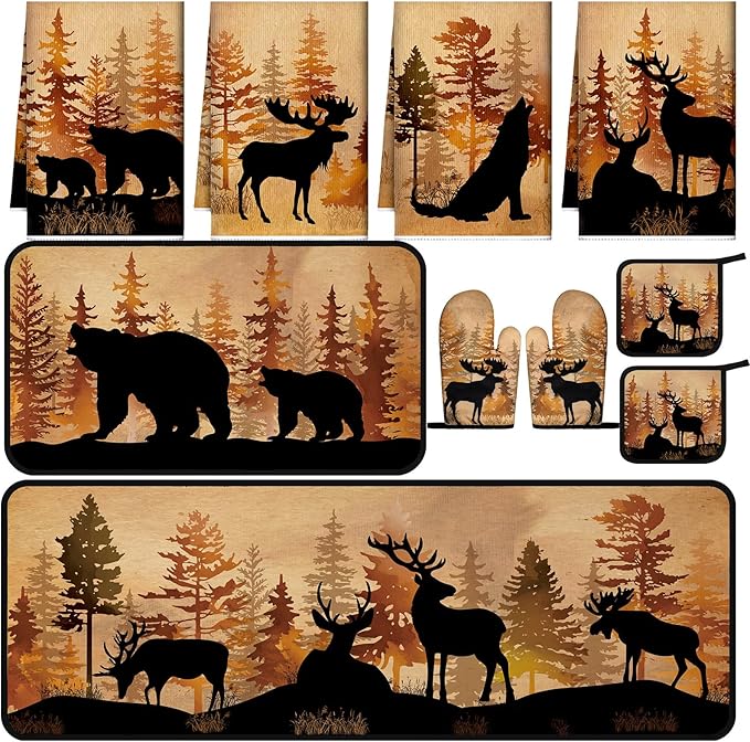 Fourluoo 10 Pcs Farmhouse Kitchen Decor Set 4 Brown Bear Kitchen Towels 2 Forest Wild Animal Pot Holders 2 Rustic Deer Oven Mitts 2 Vintage Forest Wildlife Rug for Cooking Baking Mom Housewarming Gift by Fourluoo