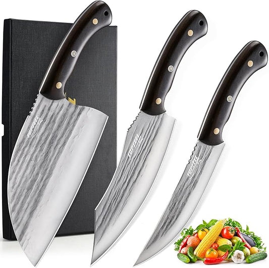 3PCS Meat Cleaver Knife Set - Serbian Chef Knife, Hand Forged Butcher Knife Boning Knife Meat Cutting Knives for Kitchen Camping BBQ