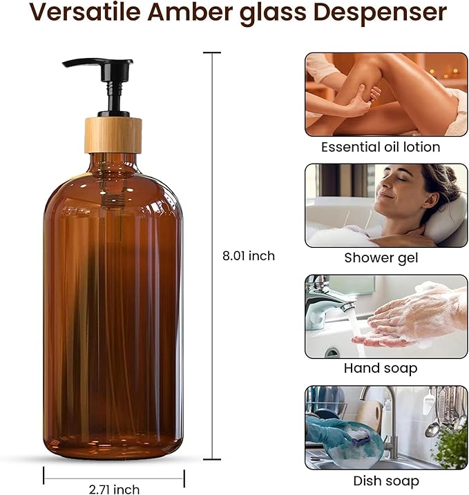 Sunrise Premium 16 OZ Thick Amber Glass Soap Dispenser, Bamboo Pump with Tray 2 Pack, Hand and Dish Soap Dispenser Set for Bathroom with 6 Waterproof Labels - Image 3