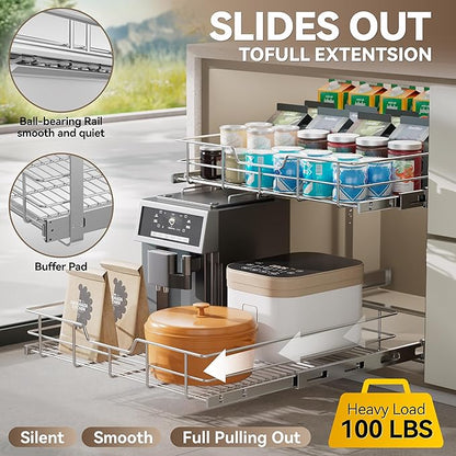 2 Tier Pull Out Cabinet Organizer 24" W X 22" D, Slide Out Drawers For Kitchen Cabinets, Pull Out Drawers For Cabinets Capacity Heavy Duty Caddy, Cabinet Pullout Shelves Chrome-Plated, Bathroom Pantry - Image 3