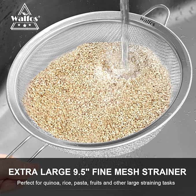 Walfos Large Fine Mesh Strainer 9.35" & 7.8", Stainless Steel Mesh Sieve with Sturdy Handle, Kitchen Metal Food Strainers for Quinoa, Rice, Pasta, Fruits, Vegetables, etc., Set of 2 - Image 5