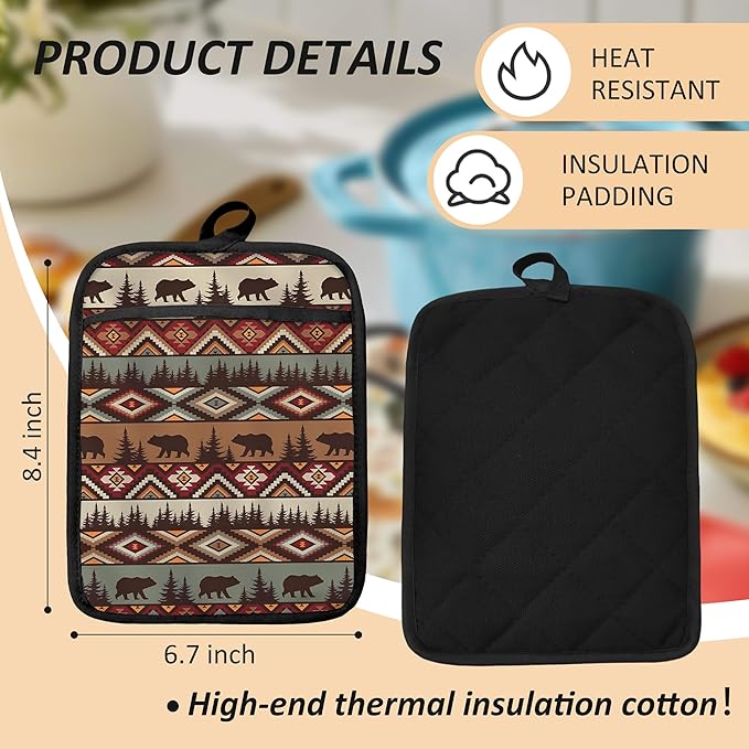 Western Aztec Bear Oven Mitts Set, Camping Camper RV Gifts, Aztec Native Tribal Heat Resistant Kitchen Oven Gloves for Baking and Cooking,Pot Holders - Image 2