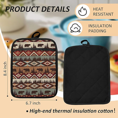 Western Aztec Bear Oven Mitts Set, Camping Camper RV Gifts, Aztec Native Tribal Heat Resistant Kitchen Oven Gloves for Baking and Cooking,Pot Holders - Image 2