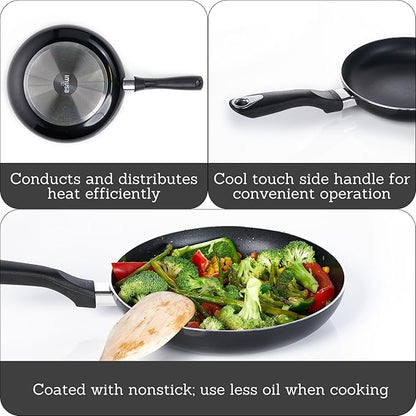 Imusa 8in Bistro Aluminum Nonstick Fry Pan with Cool Touch Handle, Small Skillet for Eggs, Omelets, Sauteing, and Everyday Cooking, Black, (Pack of 4)