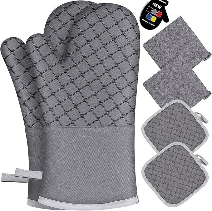 6 Pcs Oven Mitts and Pot Holders, 500℉ Heat Resistant Oven Mitts with Kitchen Towels Soft Cotton Lining and Non-Slip Silicone Surface Safe for Baking, Cooking, BBQ (Grey) by Unknown