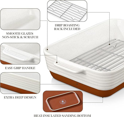 MALACASA Casserole Dishes for Oven with Roasting Racks, Ceramic Baking Dishes Set of 3, Baking Pan Casserole Dish Set, Rectangular Lasagna Pan Deep with Handles for Baking, Khaki White (14.5''/13''/10.5''), Series TARA - Image 6