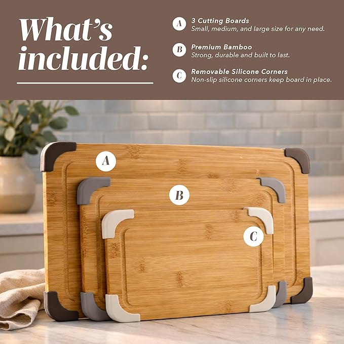 COOK WITH COLOR Non-Slip Cutting Board Set – Kitchen Essentials with Easy Grip Handle for Meat, Veggies, and Fruits, 3 Cutting Boards, Bamboo Non-Slip Brown