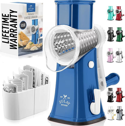 Zulay Kitchen Rotary Cheese Grater 5 Blade Cheese Shredder - Manual Hand Crank Cheese Grater With Reinforced Suction & 5 Interchangeable Drums - Easy to Use, Vegetable Chopper Round Mandoline Slicer by ZulayKitchen